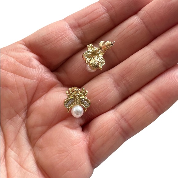 Gold Bumblebee Stud Earrings with Faux Pearl - Picture 7 of 8
